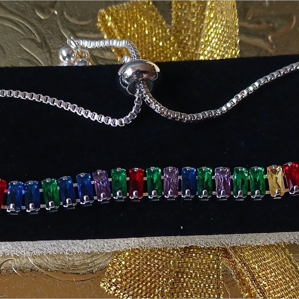 Rainbow Gemstones STERLING SILVER Plated Adjustable Bracelet